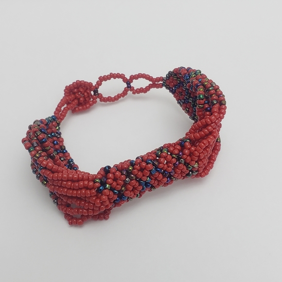 New Boho Red Seed Bead Patterned Bracelet - Picture 2 of 6